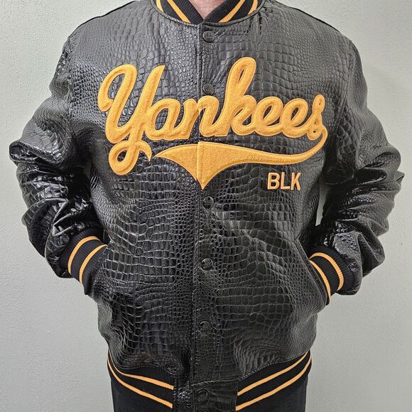 SD Sport NY Yankees Croc Style XL PU Leather Varsity Jacket Black Yellow MLB - Picture 15 of 16